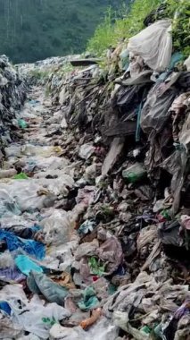 Rahatsız edici bir çevre sahnesi, çevresel kirliliğin doğa üzerindeki katıksız etkisini gösteren, içinden bir akarsuyun aktığı bir tepede çöpleri gösteriyor.