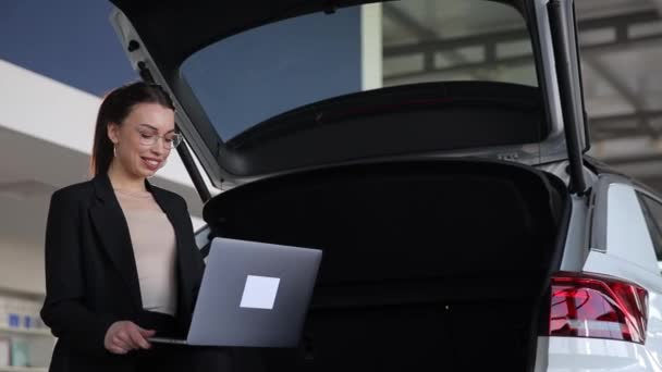 女性はラップトップコンピュータを使って車の後ろに座っています 自動車のインテリアは モダンな自動車デザインを展示する自動車照明で照らされています — ストック動画