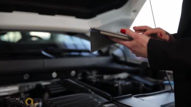 Bir kadın, tablet kullanırken motorlu aracın kaputunu inceliyor, otomotiv lastiğini, dikiz aynasını ve otomotiv aydınlatmasını kontrol ediyor.