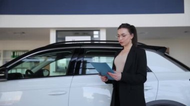 Resmi giyinmiş bir kadın galeride bir arabanın yanında elinde bir pano tutuyor. Otomotiv tasarımına ve aracın özelliklerine hayran.