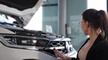 Teftiş, arabanın teftişi. İş kadını yöneticisi açık kaputun altındaki arabayı kontrol ediyor. Aracın teknik durumu.