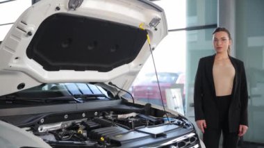 Kuaförde arabayı gösteriyor. Genç profesyonel bayan danışman arabanın kaputun altında olduğunu gösteriyor. Araba içeriden.