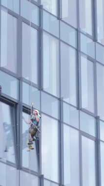 Çatıdan sarkan iki adam uzun bir gökdelenin camlarını siler. Tehlikeli bir iş. Dikey video.