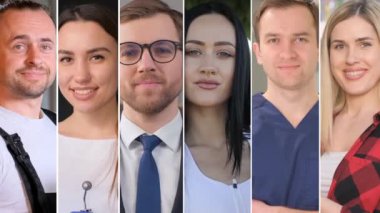 Genç erkek ve kadınların video kolajı. Kameraya bakan farklı mesleklerden genç insanların yüzlerinin dikey kolajı. Mutlu insanlar konsepti
