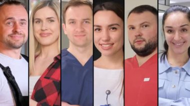 6 mutlu erkek ve kadın grubu. Kameraya bakan gençlerin dikey kolajı. Mutlu insanlar konsepti