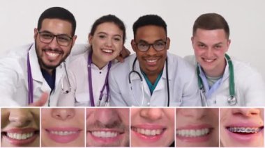 Diş hizmetleri sunumu. Genç ve profesyonel doktorların kolajı ve pamuk beyazı diş hekimliği reklamları için gülümseyen insanlar..