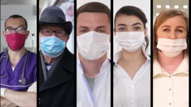 Farklı yaşlardaki insanların kolajı kameraya bakan tıbbi maskeler takıyor. Salgın sırasında insanların video kolajı. Virüs. Salgın.