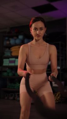 Eğitimden sonra salonda iplerle egzersiz yapan dikey videolu kadın. Gece vakti..