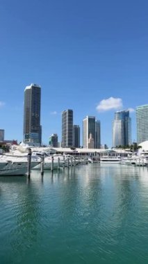 Dikey video, kıyıya demirlemiş güzel yatlar arka planda Miami şehri, Florida.