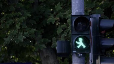 Parlayan yeşil bir yaya trafik ışığı insanların caddeyi geçmesinin güvenli olduğunu gösteriyor..