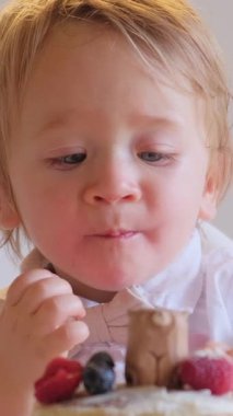 Bebek ve küçük bir çocuğun doğum gününü yüksek sandalyede kutlarken, dutlu bir pastanın tadını çıkarırken çekilmiş yürek ısıtan bir video. Çocuk bir mum söndürür ve anı neşeyle doldurur. Dikey video