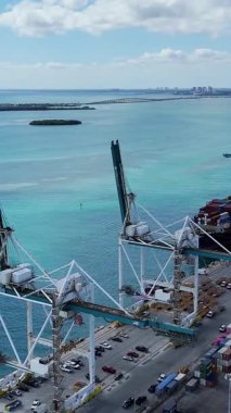 Florida 'nın güneşli bir gününde Miami Limanı' nda yük taşıyan konteynır gemileri. Dikey video.