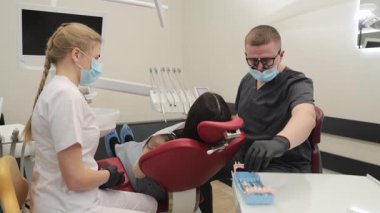 Bir dişçi ve onların yetenekli asistanı hastaya kapsamlı bakım sağlarlar..