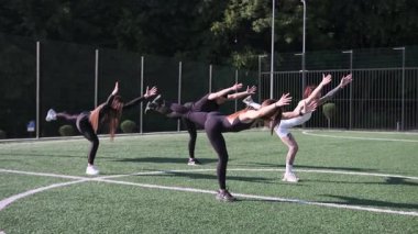 Bir grup atletik kadın enerjik bir şekilde canlı yeşil suni çim üzerinde spor yapıyor. Açık hava ortamında güç, koordinasyon ve grup eğitimini vurguluyorlar.. 