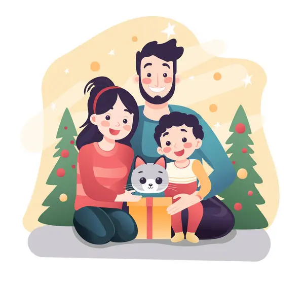 Eine Dreiköpfige Familie Mit Ihrer Katze Versammelte Sich Lächelnd Und — Stockvektor