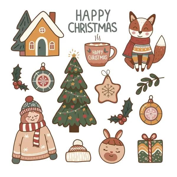 イラストにはセーター クリスマスツリー ハッピークリスマス 装飾品 セーター トナカイ 贈り物 スカーフなどがあります イラストは主観的なスタイルで 色付けされています — ストックベクタ
