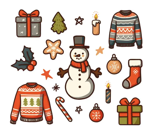雪だるま 贈り物 セーターなどのクリスマステーマの要素のコレクション 要素は赤 金の限定カラーパレットでフラットスタイルで描かれています 要素は いくつかの重複と緩やかなグリッドに配置されています — ストックベクタ