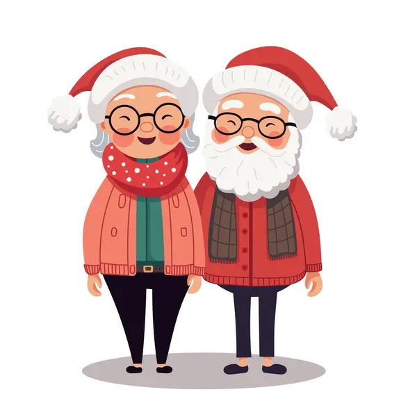 Tecknad Illustration Ett Äldre Par Bär Santa Hattar Och Vinterkläder — Stock vektor