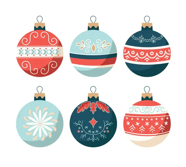 Set Six Colorful Christmas Ornaments White Background — Stock Vector