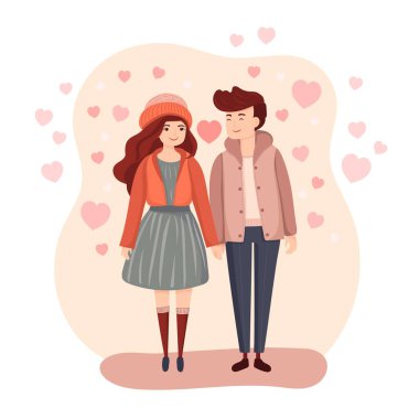 Yüzen kalplerle çevrili, sevgi ve sıcaklık gösteren genç bir çiftin büyüleyici bir çizimi.