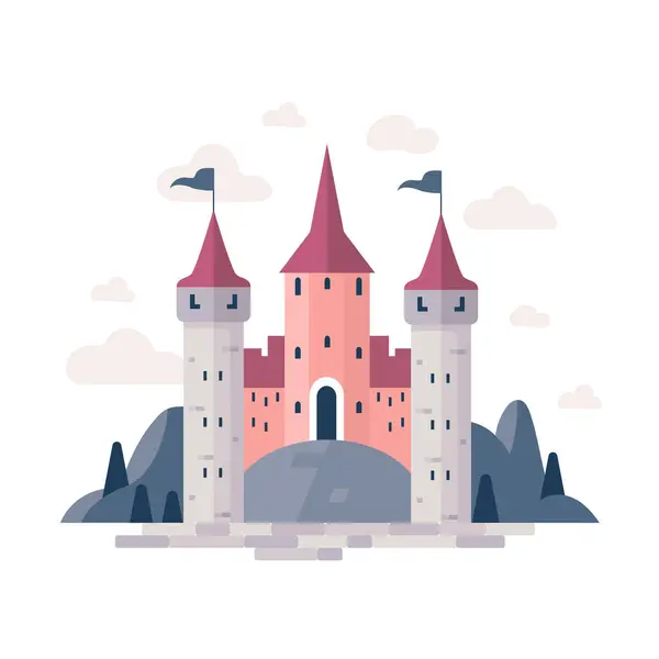 Esta Caprichosa Ilustración Representa Majestuoso Castillo Con Torretas Rojas Situado — Vector de stock