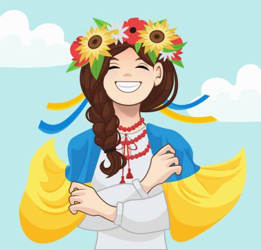 Çelenk, bayrak ve mavi arkaplan vektör resimli Ukraynalı kız