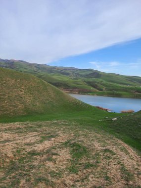 Yeşil yuvarlanan tepeler ve mavi gökyüzünün altında sakin bir göl.