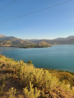 Yamaçtan manzaralı, yemyeşil bir göl manzarası.