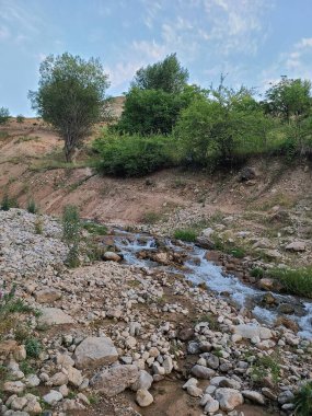 Mavi bir gökyüzünün altındaki yeşil bir yamaçtan akan kayalık bir dere.