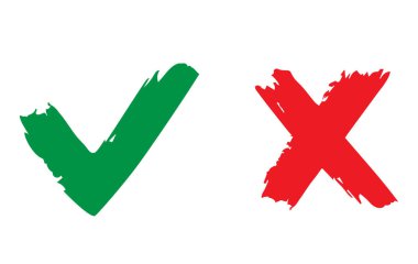 Yeşil kene işareti ve kırmızı haç işareti, onay ve onaylanmamış sembol. Vektör illüstrasyonu.