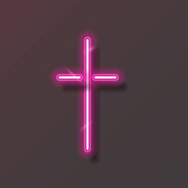 Din işareti, neon ışığı. Mor Hıristiyan haç simgesi.