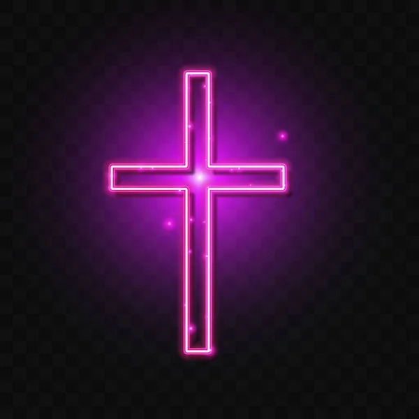 Religione Croce Neon Segno Croce Cristiana Viola Icona — Vettoriale Stock