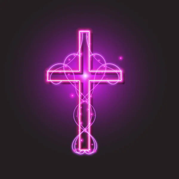 宗教交叉霓虹灯的标志 紫色基督教十字图标 — 图库矢量图片