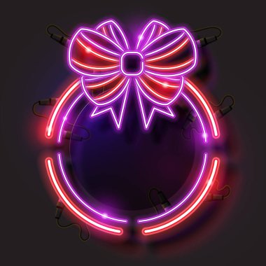 Noel afişi. Noel sınırı ya da çerçeve. Şirin kurdeleli neon pankart.