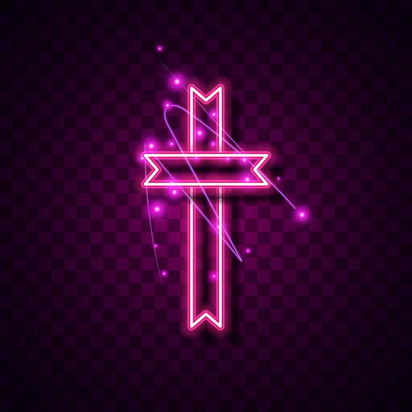 Pembe Neon Tasarım Işık Işıltı Dini Arkaplan Karanlık Işaret Hıristiyan — Stok Vektör