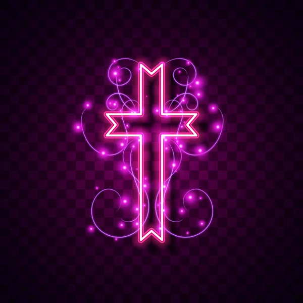 Розовый Неон Дизайн Свет Блеск Религиозный Фон Темный Знак Христианин — стоковый вектор