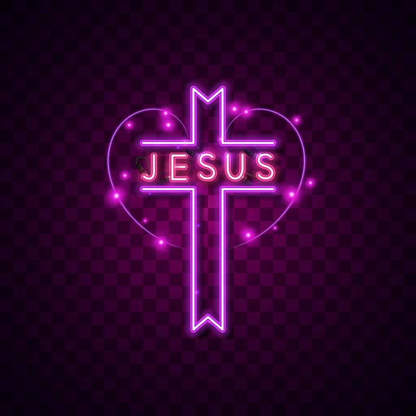Růžová Neon Design Světlo Záře Náboženství Pozadí Tma Znamení Křesťan — Stockový vektor