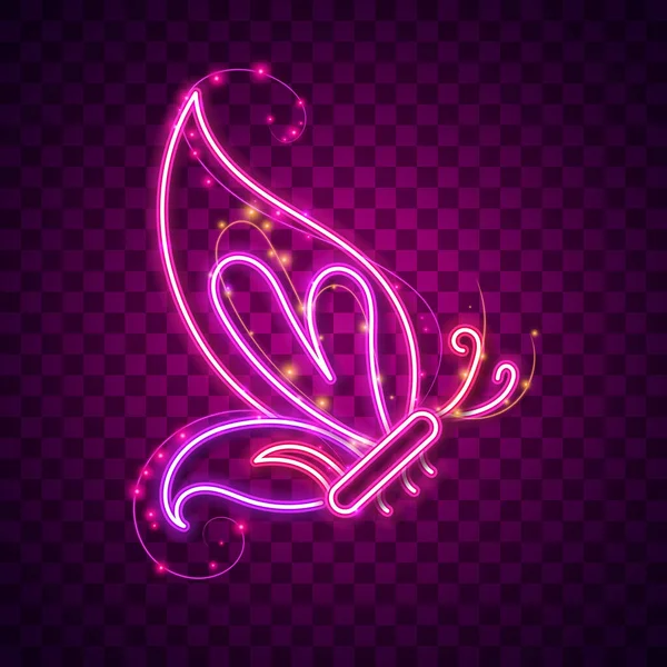 Motýl Neon Světlo Záře Záře Znamení Vektor Pozadí Fialová Růžová — Stockový vektor