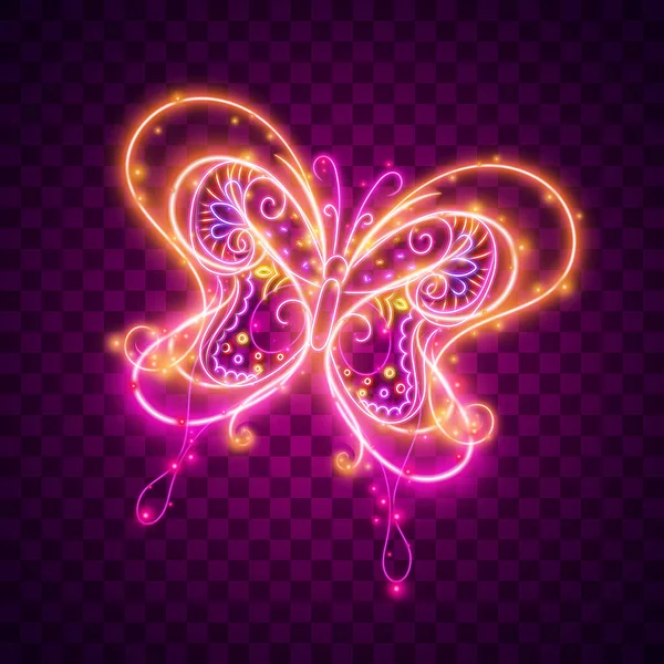 Papillon Néon Lumière Lueur Lueur Signe Vecteur Fond Violet Rose — Image vectorielle