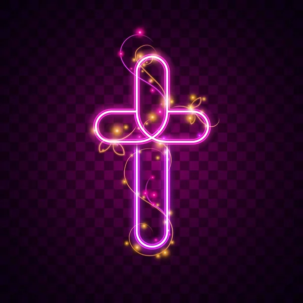 Neon Luz Brilho Brilhante Brilhante Fundo Vetor Cruz Jesus Christian —  Vetores de Stock