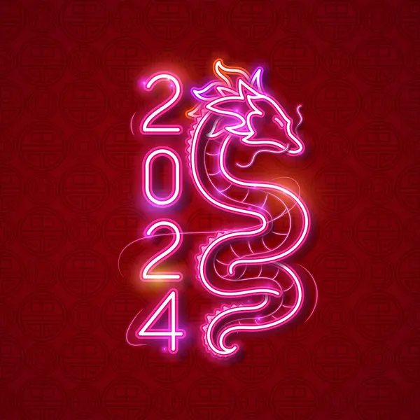 Neon Vektor Drak Čínština Nový Rok Nový Rok Pozadí Gong — Stockový vektor