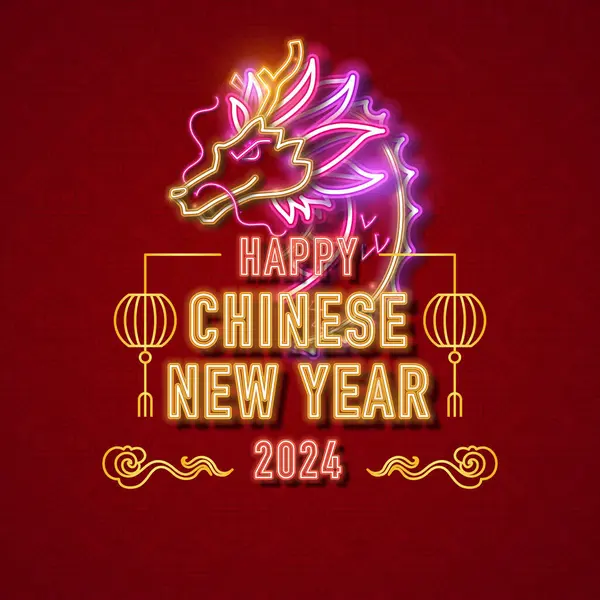 Neon Vektor Drak Čínština Nový Rok Nový Rok Pozadí Gong — Stockový vektor