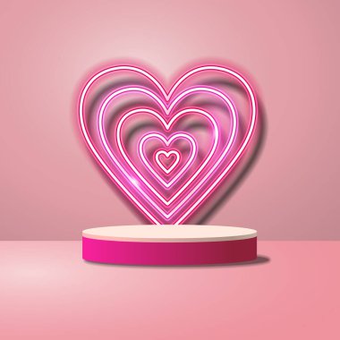 Podyum, neon, aşk, kalp, sevgililer günü kartı, satış, ekran, ürün, arkaplan, kırmızı, pembe,
