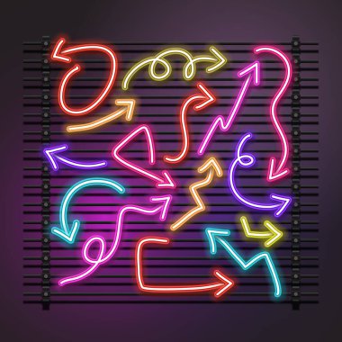 Neon vektör okları koyu arkaplana karalama yapar. Tasarım elemanı vektör çizimi.