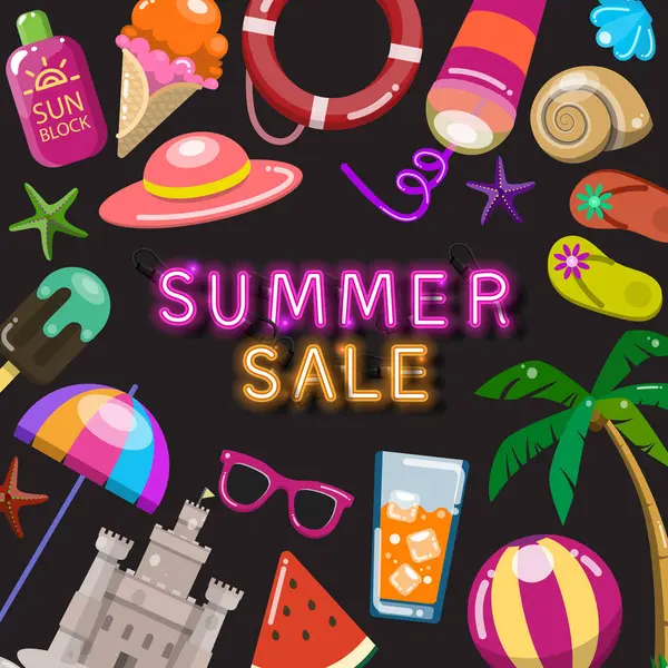 Güneş kremi, dondurma, plaj şapkası, buzlu çubuklar, şemsiye, palmiye ağacı, karpuz, güneş gözlüğü, soğuk içecek ve kumdan kale gibi eğlenceli tatil unsurlarıyla çevrili parlak ve canlı bir yaz satışı tasarımı. Aagai ayarlayın