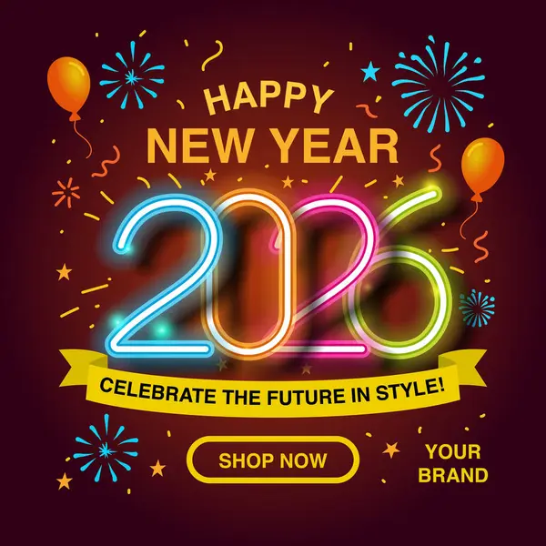 Neşeli ve renkli bir Yeni Yıl 2026 illüstrasyonunda anlamlı yüzleri olan oyuncu çizgi film numaraları yer alıyor. Canlı havai fişekler, konfetiler ve flamalarla çevrili bu şenlikli vektör tasarımı tatil tebrik kartları ve sosyal medya paylaşımları için mükemmel.