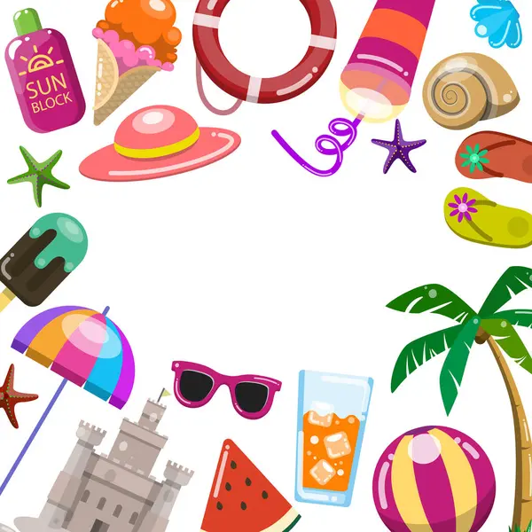 Kenarlarında çeşitli eğlenceli tatil ve plaj ikonlarının yer aldığı canlı bir yaz temalı sınır çerçevesi çizimi. Güneş gözlüğü, güneş kremi, karpuz, buzlu şeker, palmiye ağaçları, plaj şemsiyesi, kumdan kale, şapka, deniz kabuğu gibi şeyleri içerir.