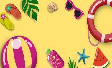 Çeşitli plaj ve tropikal öğelerin yer aldığı canlı ve eğlenceli bir yaz temalı vektör geçmişi. Bu düz tasarım plaj topu, güneş kremi, parmak arası terlikler, güneş gözlüğü, denizyıldızı, tropik yapraklar, karpuz dilimi, deniz kabuğu ve bir cankurtaran şamandırası içerir.