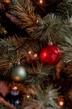 Kırmızı ve yeşil takılar Noel ağacında Işıklı.