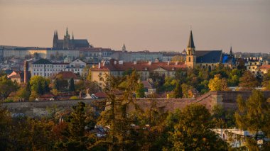 Prag ufuk çizgisinin sonbahar manzarası ve gün batımında Vyehrad 'tan gelen şato. Parkta renkli bir sonbahar.